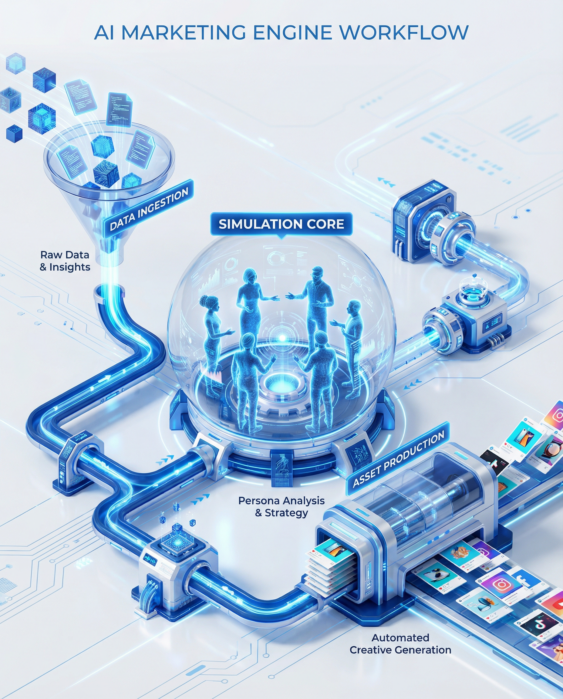 A high-tech, isometric 3D illustration of an 'AI Marketing Engine' workflow on a clean background. Three distinct stages connected by glowing data pipes. Stage 1 on left: Abstract digital data blocks and documents entering a funnel. Stage 2 in center: 'Simulation Core' featuring glowing ethereal silhouettes of diverse people/personas analyzing the data in a circular formation. Stage 3 on right: 'Asset Production' showing stacks of colorful, modern social media ad creative cards being output rapidly. Clean, white and deep blue palette, professional business tech aesthetic, high detailed 3D render, studio lighting.
ALT: 3D illustration of an agentic marketing workflow showing data ingestion, audience simulation with glowing personas, and automated ad creative generation.